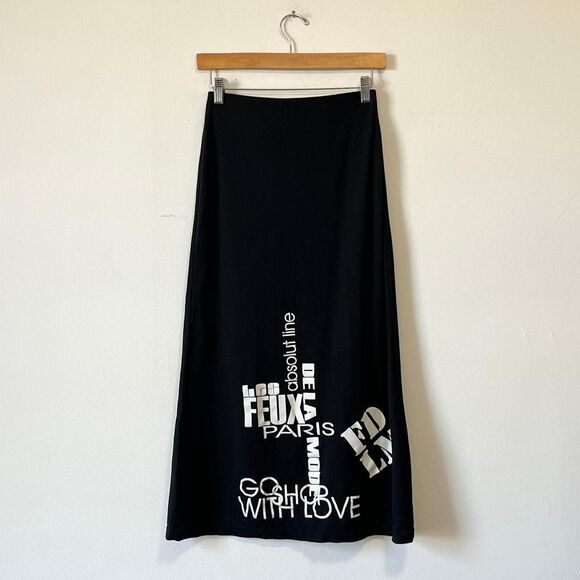 Y2K Black Graphic Text Maxi Skirt 2000s Made In France Marked One Size - Picture 1 of 4
